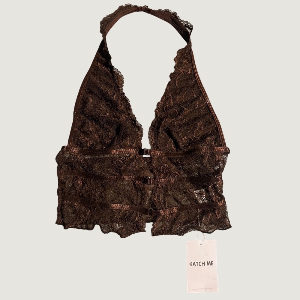 Katch Me Brown Floral Lace Halter Bralette Sheer Mesh V-Neck Lingerie Top Small